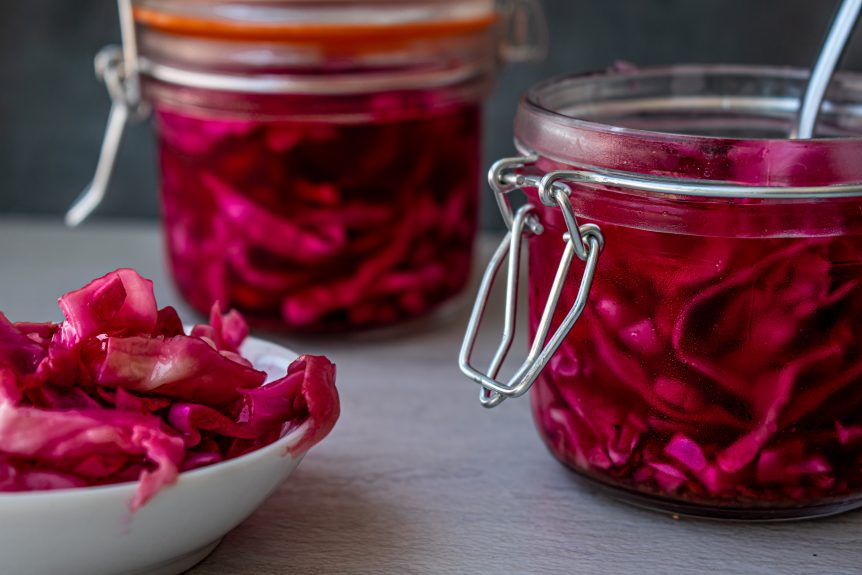 Red sauerkraut in jars to help with gut health and immunity