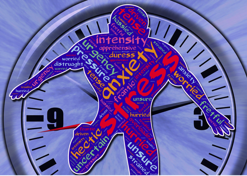 Silhouette of a man in front of a clock with the words stress and anxiety written inside