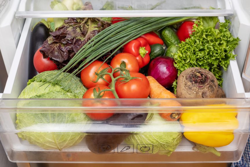Fresh produce stored in a refrigerator drawer