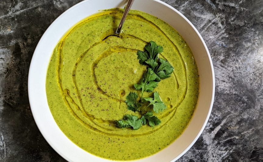 Chilled Poblano Soup in a white bowl