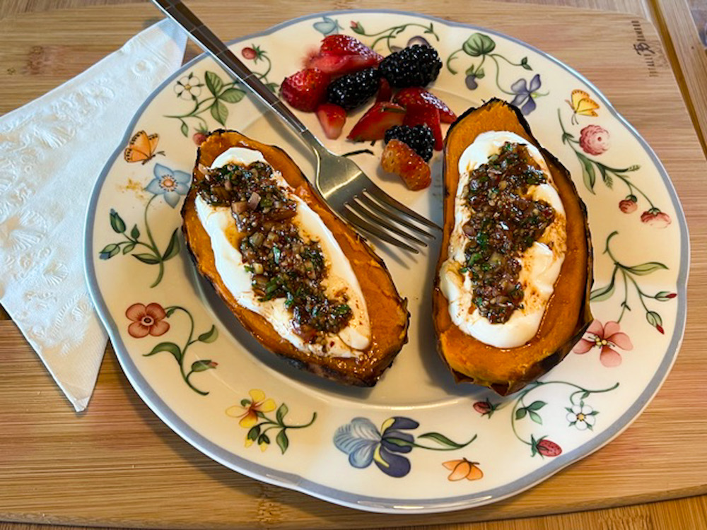 Featured image for “Roasted Sweet Potatoes with Yogurt & Savory Sesame Topping”