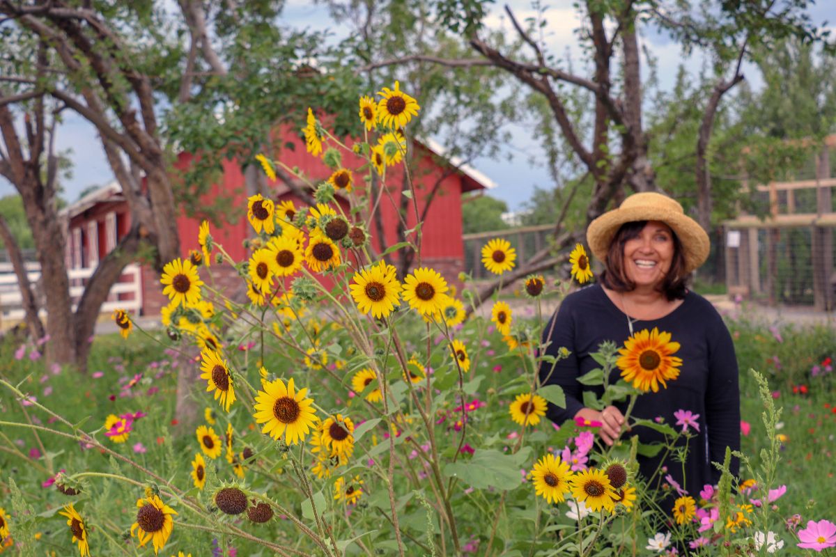 Avie Rosacci standing in a field of sunflowers with a straw hat on